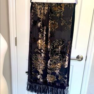 Dark chocolate brown floral silk and velvet scarf with fringe